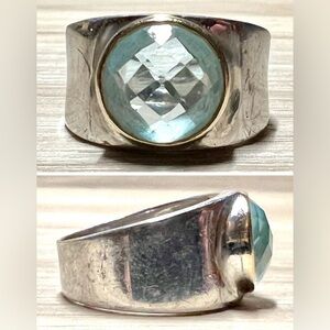 Vintage Designer Signed ATR Sterling Silver & 14K Gold Blue Topaz Ring, Size 6.5